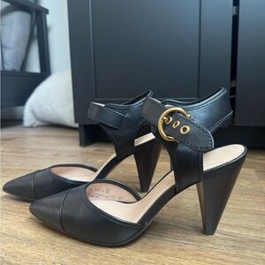 Coach Black Leather Heels with Gold Buckle